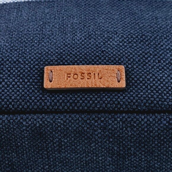 FOSSIL Navy Blue Ivory Striped Linen Crossbody Leather Accents Adjustable Strap - Picture 14 of 16